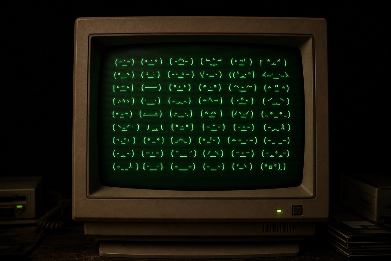 A vintage CRT monitor glowing with green text faces, evoking the 1980s Japanese BBS roots of kaomoji